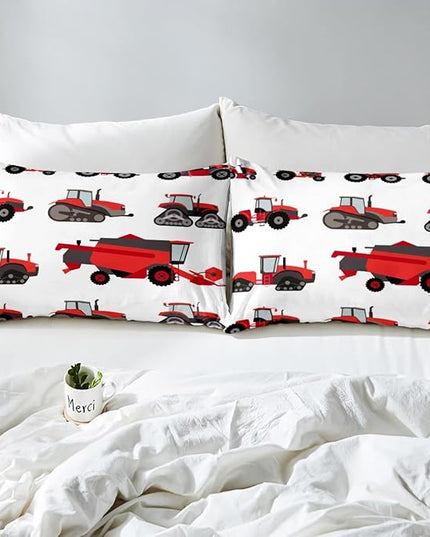 Red Tractor Comforter Set Full Size Heavy Equipment Truck Bedding Set For Kids Boys Girls Teens Harvester Tractor Down Comforter Farm Equipment Quilt Set Bedroom Collection 3Pcs Car Room Decor - LeafyLoom