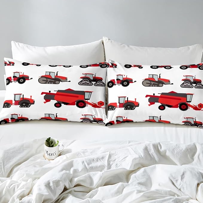 Red Tractor Comforter Set Full Size Heavy Equipment Truck Bedding Set For Kids Boys Girls Teens Harvester Tractor Down Comforter Farm Equipment Quilt Set Bedroom Collection 3Pcs Car Room Decor - LeafyLoom