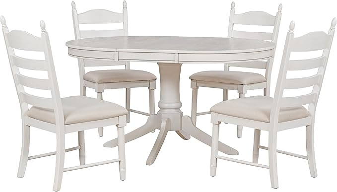 5-Piece Vintage Round Wood Extendable Dining, Kitchen Table Set with 4 Cushioned Chairs, Charming Antique White, Onesize - LeafyLoom