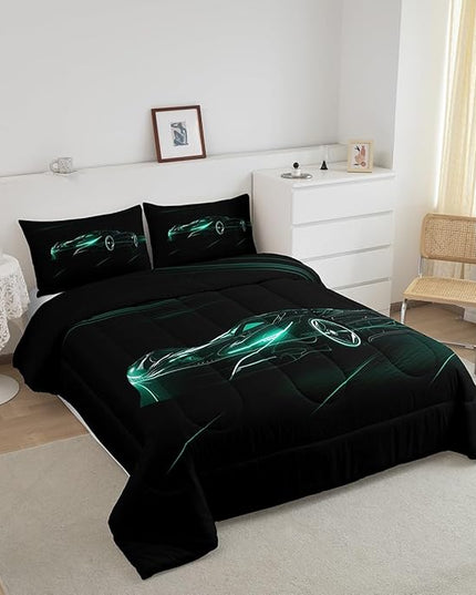Feelyou Teal Race Car Bedding Set King Size for Kids Boys Extreme Sport Games Comforter Set Teens Toddler Fast and Furious Duvet Set Cool Modern Quilt Set 3Pcs - LeafyLoom
