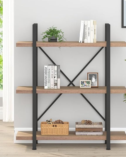 HSH Industrial 3 Tier Book Shelf, Modern Small Wood and Metal 3 Shelf Bookcase Etagere, Farmhouse Open Low 3 Tier Bookshelf and Display Storage Shelves for Bedroom Living Room Office, Rustic Oak - LeafyLoom