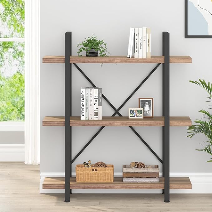 HSH Industrial 3 Tier Book Shelf, Modern Small Wood and Metal 3 Shelf Bookcase Etagere, Farmhouse Open Low 3 Tier Bookshelf and Display Storage Shelves for Bedroom Living Room Office, Rustic Oak - LeafyLoom