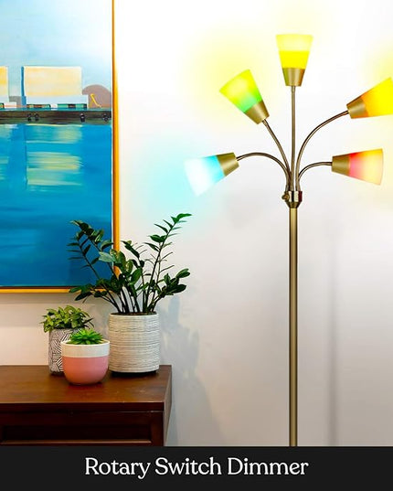 Brightech Medusa Modern LED Floor Lamp – Multi Head Floor Lamp for Living Rooms & Offices – Tall Lamp with Interchangeable Shade, Standing Lamp with 5 LED Bulbs for Hobbies - Brass - LeafyLoom