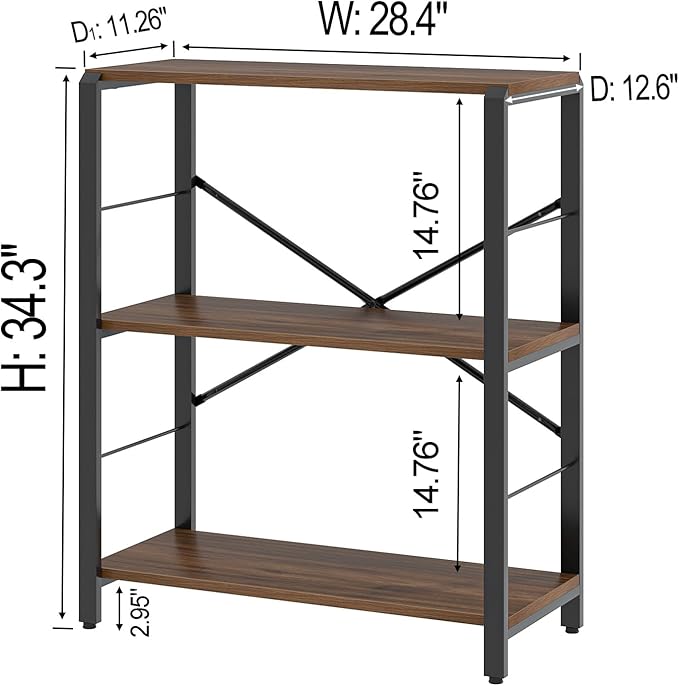 FOLUBAN Small Bookshelf, 3 Tier Rustic Book Shelf with Storage, Industrial Low Short Bookcases for Office, Bedroom and Living Room, Rustic Walnut - LeafyLoom