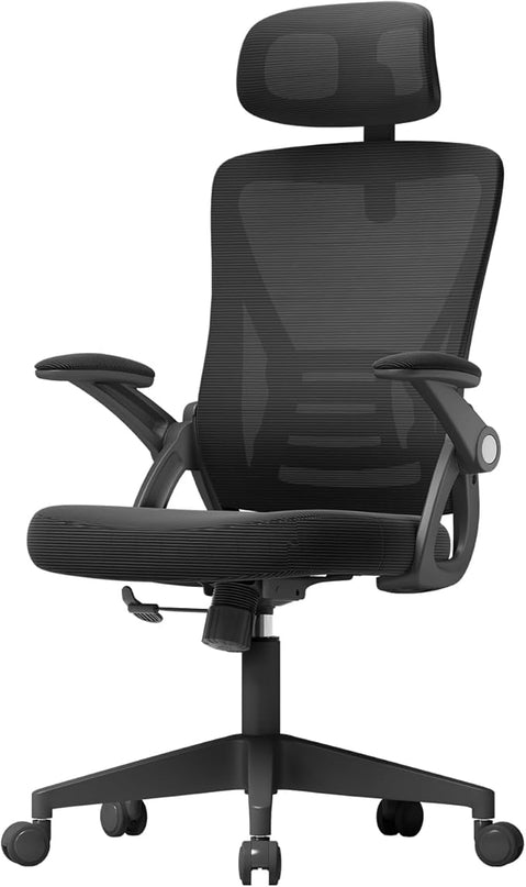 Ergonomic Office Chair, Mid Back Desk Chair with Adjustable Height, Swivel Chair with Flip-Up Arms and Lumbar Support, Breathable Mesh Computer Chair with Headrest (Black) - LeafyLoom