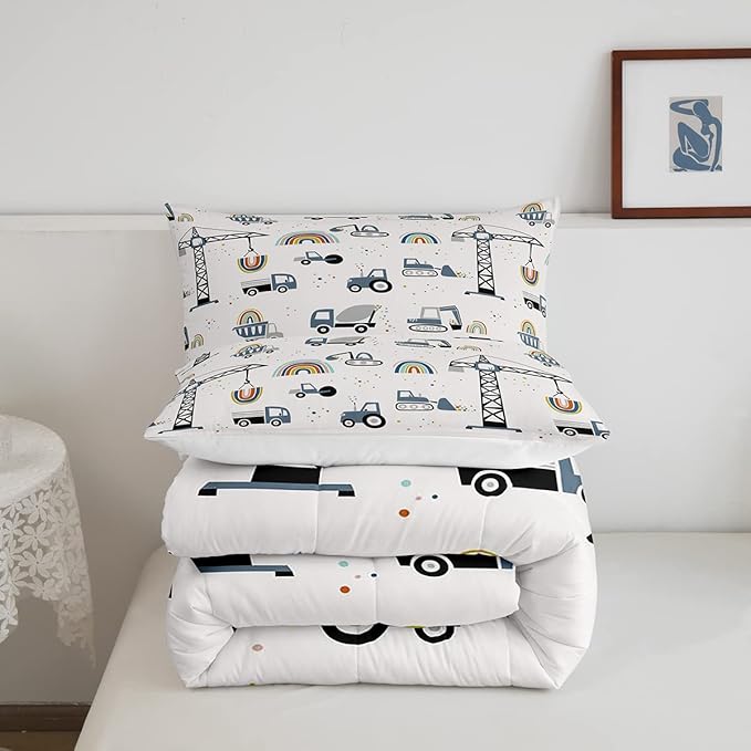 Toddler Cute Cars Bedding Set Cartoon Excavator Kids Comforter Set Boys Construction Vehicles Comforter Equipment Trucks Duvet Set Rainbow Room Decor Tractor Quilt Set Queen Size With 2 Pillow Case - LeafyLoom