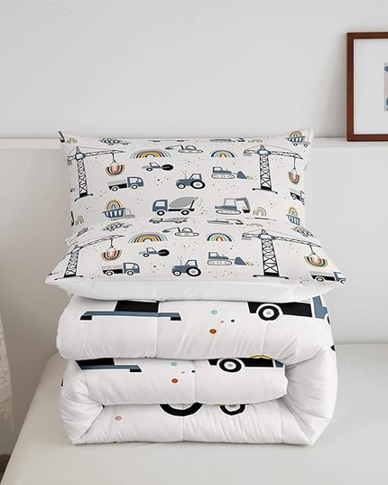 Cute Cars Bedding Set Kids Cartoon Excavator Comforter for Boys Girls Machinery Bulldozer Crane Comforter Set Colorful Rainbow Construction Site Duvet Set Room Decor Quilt Full Size Boys - LeafyLoom