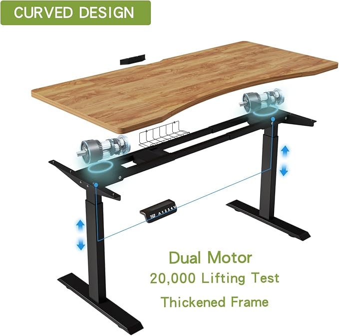 Radlove Dual Motors Height Adjustable 63 x 30 Electric Standing Desk with Curved Design Stand Up Table 4 Memory Keys, Computer Desk with Splice Board Home Office Desk, Light Brown Top + Black Frame - LeafyLoom