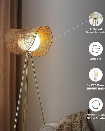 Sovev 62.87 in. Brass Bohemian Floor Lamp for Living Room with Opal Glass Rattan Shade - LeafyLoom