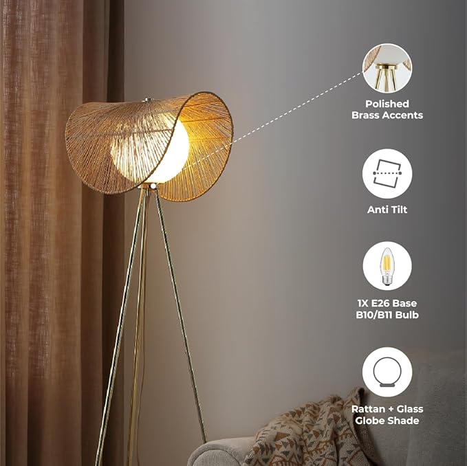 Sovev 62.87 in. Brass Bohemian Floor Lamp for Living Room with Opal Glass Rattan Shade - LeafyLoom