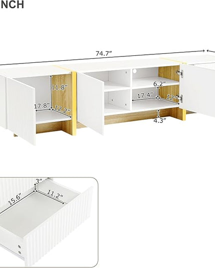 Merax Luxury Fluted TV Stand for Televisions Up to 80'', Modern Entertainment Center with Storage Cabinets & Drawers and Golden Wood Grain Legs, Smooth Media Console, for Living Room, White - LeafyLoom