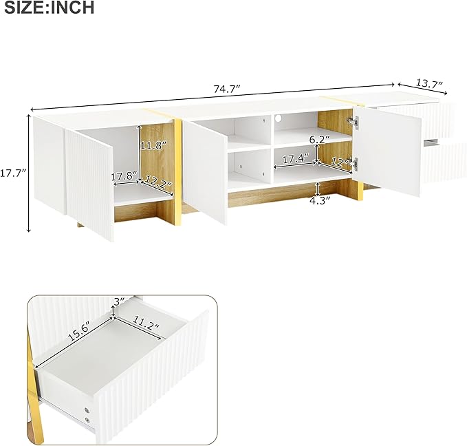 Merax Luxury Fluted TV Stand for Televisions Up to 80'', Modern Entertainment Center with Storage Cabinets & Drawers and Golden Wood Grain Legs, Smooth Media Console, for Living Room, White - LeafyLoom