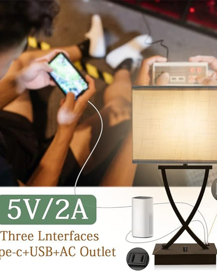 Fully Dimmable Medium Table Lamp for Bedroom with Type C/USB Charging Port and 1 AC Outlet White Shade 21.38" Bedside Nightstand Lamp for Bedroom Living Room Office and Hotel Bulb Included - LeafyLoom