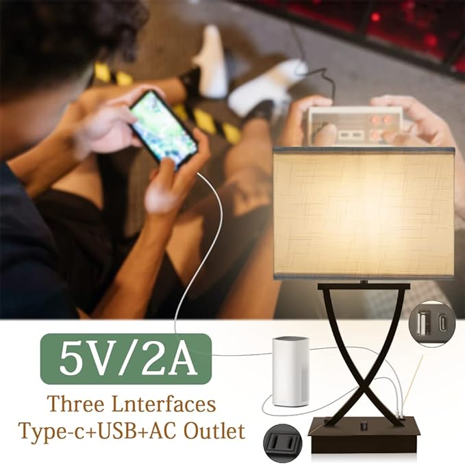 Fully Dimmable Medium Table Lamp for Bedroom with Type C/USB Charging Port and 1 AC Outlet White Shade 21.38" Bedside Nightstand Lamp for Bedroom Living Room Office and Hotel Bulb Included - LeafyLoom
