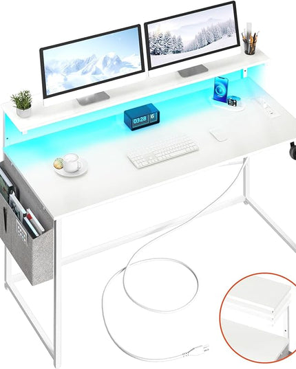 Yoobure Computer Desk with Power Outlets Fast Charging Type-C, Gaming Desk with LED Lights, 47" Office Desk with Adjustable Monitor Stand, Small Desk Home Office Desks with Storage Bag & Hook - LeafyLoom