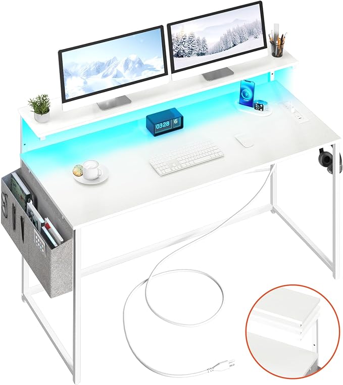 Yoobure Computer Desk with Power Outlets Fast Charging Type-C, Gaming Desk with LED Lights, 47" Office Desk with Adjustable Monitor Stand, Small Desk Home Office Desks with Storage Bag & Hook - LeafyLoom