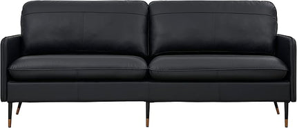 79" Genuine Leather Sofa, Top-Grain 3 Seater Leather Couch, Mid-Century Modern Upholstered Sofa for Living Room Bedroom Apartment Office, Black - LeafyLoom