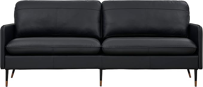 79" Genuine Leather Sofa, Top-Grain 3 Seater Leather Couch, Mid-Century Modern Upholstered Sofa for Living Room Bedroom Apartment Office, Black - LeafyLoom