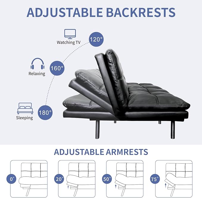 MUUEGM Futon Sofa Bed,Convertible Adjustable Backrest Armrests Memory Foam Couch Bed, Modern Faux Leather Futon Sleeper Couch Loveseat for Living Room,office,Apartment,Small Space,Black - LeafyLoom