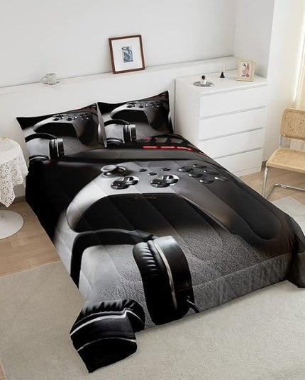 Gaming Bedding Set Boys Game Controller Comforter for Kids Girls Teens Modern Gamer Headset Comforter Set Youth Gaming Console Video Game Decor Duvet Set with 2 Pillow Case Full Size Black - LeafyLoom