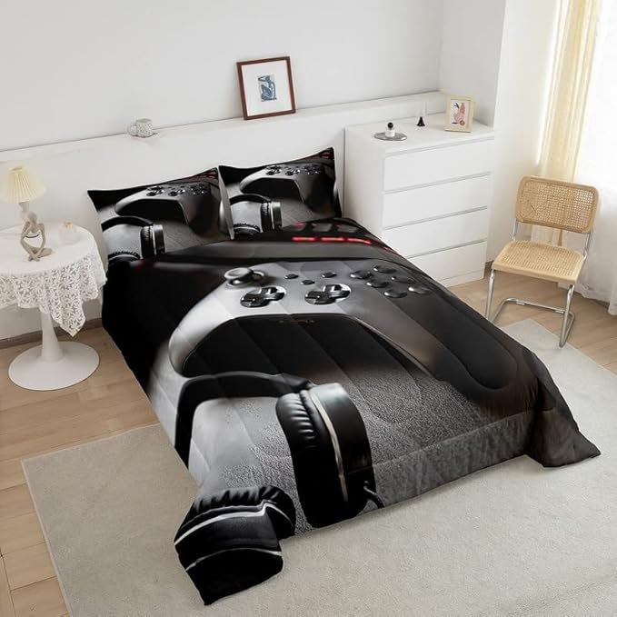 Feelyou Gaming Bedding Set Boys Game Controller Comforter for Kids Girls Teens Modern Gamer Headset Comforter Set Youth Gaming Console Video Game Decor Duvet Set with 2 Pillow Case King Size Black - LeafyLoom