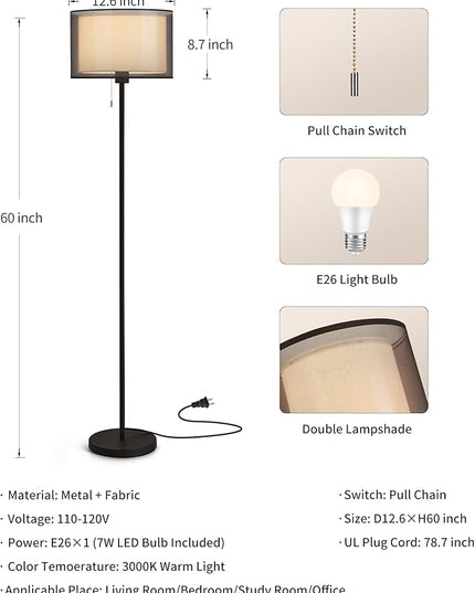 KDG Modern Floor Lamp for Living Room, Tall Standing Floor Lamp Corner Lighting, Fabric Lampshade LED Bulb Bright Pole Light, High Light for Bedroom, Reading, Office, Study Room, Warm Light(Black) - LeafyLoom
