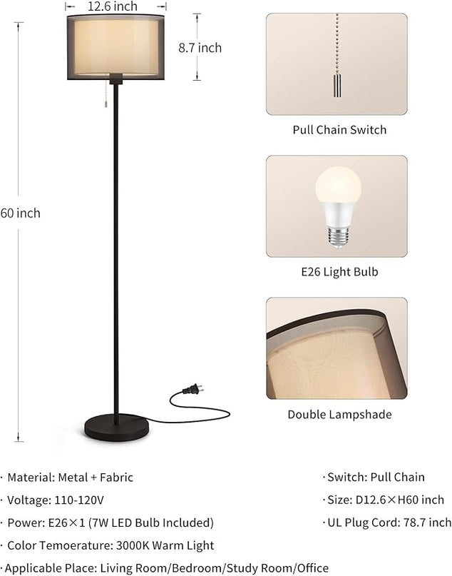KDG Modern Floor Lamp for Living Room, Tall Standing Floor Lamp Corner Lighting, Fabric Lampshade LED Bulb Bright Pole Light, High Light for Bedroom, Reading, Office, Study Room, Warm Light(Black) - LeafyLoom