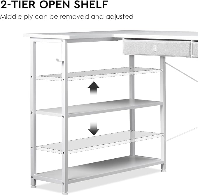 Ｍａｉｈａｉｌ Home Office Desk with Drawers and Shelves, 55” Computer Corner Desk for Small Space, Small L Shaped Desk with Side Storage for Bedroom, White - LeafyLoom
