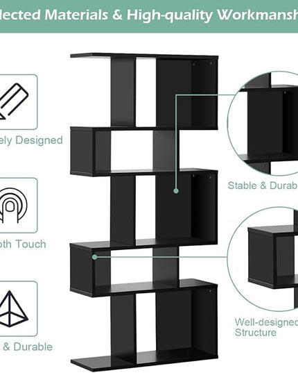 Giantex 5-Tier Geometric Bookshelf Black Set of 2, 70'' Tall Wood Freestanding Decorative Display Open Shelves with Anti-Tipping Device, Each Shelf Holds up to 44 lbs, Wooden S Shaped Bookcase - LeafyLoom
