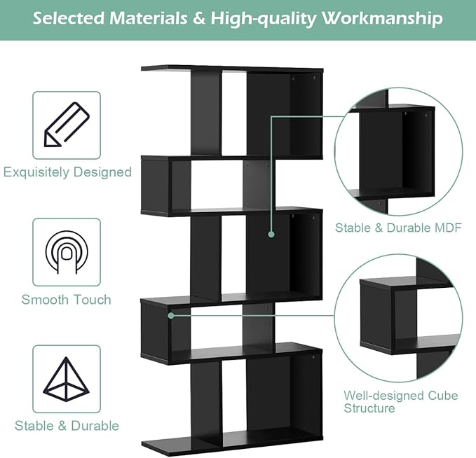 Giantex 5-Tier Geometric Bookshelf Black Set of 2, 70'' Tall Wood Freestanding Decorative Display Open Shelves with Anti-Tipping Device, Each Shelf Holds up to 44 lbs, Wooden S Shaped Bookcase - LeafyLoom