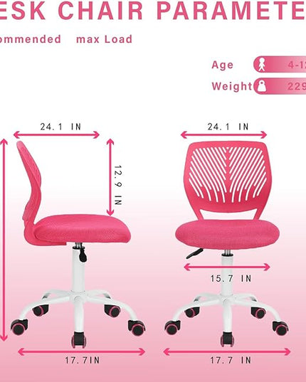 FurnitureR Teens Girls Task Chair 360 Swivel, Low Mid PP Mesh Back Fabric Seat, Height Adjustable, Rolling Castor, W15.7inces x D15.2inces x H29.5-34.2inches (Pink) - LeafyLoom