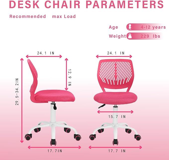 FurnitureR Teens Girls Task Chair 360 Swivel, Low Mid PP Mesh Back Fabric Seat, Height Adjustable, Rolling Castor, W15.7inces x D15.2inces x H29.5-34.2inches (Pink) - LeafyLoom