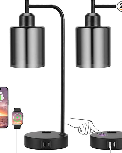 Innqoo Industrial Touch Bedroom Lamps for Bedrooms Set of 2-3-Way Dimmable Table Lamps with USB C+A Ports and Outlet, Bedside Lamps with Gray Glass Shade for Living Room, Desk Lamps for Home Office - LeafyLoom