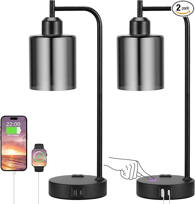 Innqoo Industrial Touch Bedroom Lamps for Bedrooms Set of 2-3-Way Dimmable Table Lamps with USB C+A Ports and Outlet, Bedside Lamps with Gray Glass Shade for Living Room, Desk Lamps for Home Office - LeafyLoom