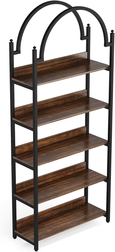 Tribesigns 5-shelf Arched Bookcase, Industrial Metal Etagere Open Bookshelf, Rustic Wood Shelf with Black Metal Frame,72 Inches Tall(1, Brown+Black) - LeafyLoom
