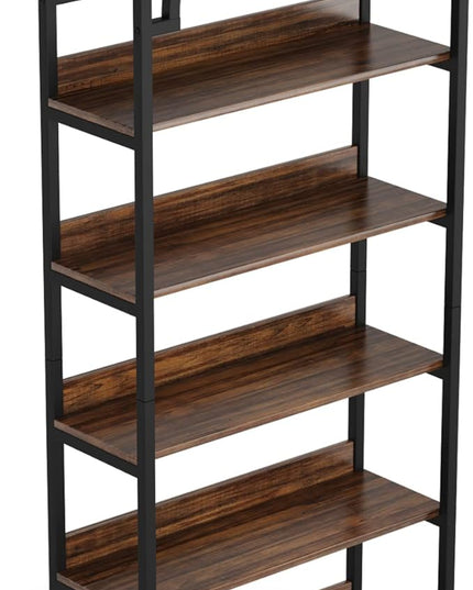 Tribesigns 5-shelf Arched Bookcase Set of 2, Rustic Wood Shelf with Black Metal Frame, Industrial Metal Etagere Open Bookshelf (2, Brown+Black) - LeafyLoom