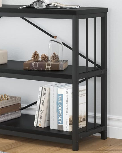 IBF 63" Black Low Horizontal Bookcase, Modern Long Wood Metal 3 Tier Book Shelf, Farmhouse Vintage Big open sturdy Bookshelf, Simple Large Wide Etagere for home living room office bedroom, Black Oak - LeafyLoom