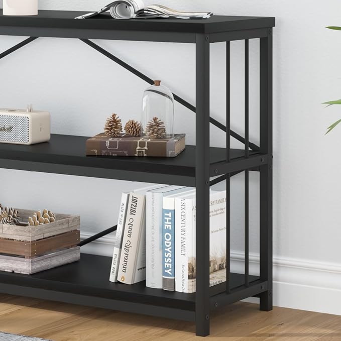 IBF 63" Black Low Horizontal Bookcase, Modern Long Wood Metal 3 Tier Book Shelf, Farmhouse Vintage Big open sturdy Bookshelf, Simple Large Wide Etagere for home living room office bedroom, Black Oak - LeafyLoom