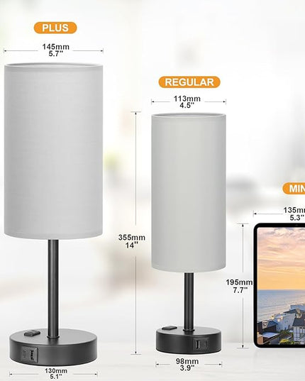 Touch Bedroom Lamp - Grey, 3-Way Dimmable, USB A + C Charging, AC Outlet, 17.4inch Medium - LeafyLoom