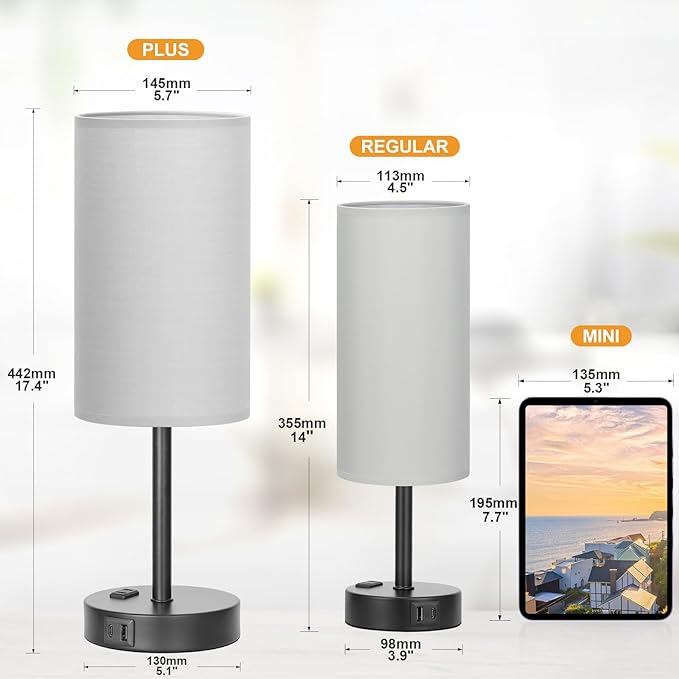 Touch Bedroom Lamp - Grey, 3-Way Dimmable, USB A + C Charging, AC Outlet, 17.4inch Medium - LeafyLoom