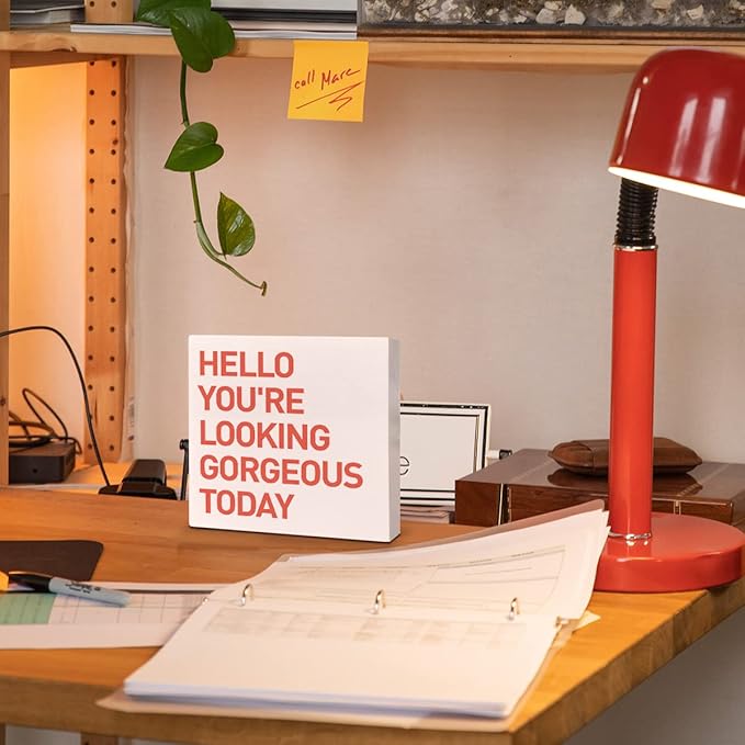 Home Office Desk Wooden Box Sign Decor, Hello You're Looking Gorgeous Today, Inspirational Quotes Desk Decor Motivational Desk Decorations for Women Girls Teens Student Office Classroom School - LeafyLoom