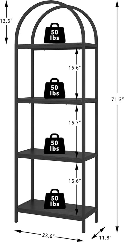 Yusong Bookshelf 4 Tier Arched Bookcase, 71.3" Tall Industrial Open Book Shelves for Living Room, Modern Freestanding Display Shelving Unit Storage Rack with Metal Frame, Office, Bedroom, Black - LeafyLoom