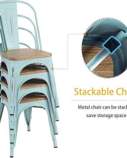YOUNIKE Metal Chairs with Wooden Seat Modern Industrial Distressed Indoor Outdoor Metal Kitchen Dining Room Chairs Set of 4 (Dream Blue)… - LeafyLoom