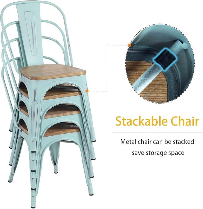 YOUNIKE Metal Chairs with Wooden Seat Modern Industrial Distressed Indoor Outdoor Metal Kitchen Dining Room Chairs Set of 4 (Dream Blue)… - LeafyLoom