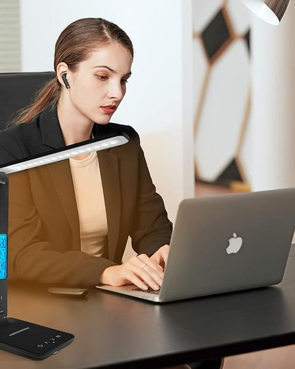 Desk Lamp with Wireless Charger, USB Charging Port, Dimmable Office Desk Light with Clock, Alarm, Date, Temperature, Foldable Lamp for Table Bedroom Bedside Office (Black) - LeafyLoom