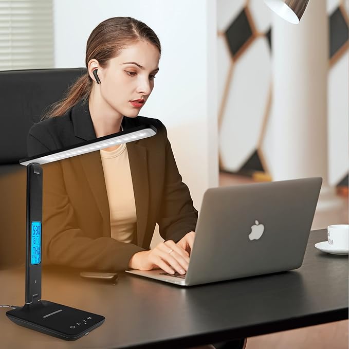 Desk Lamp with Wireless Charger, USB Charging Port, Dimmable Office Desk Light with Clock, Alarm, Date, Temperature, Foldable Lamp for Table Bedroom Bedside Office (Black) - LeafyLoom