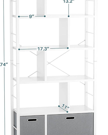 armocity 74 Inch Tall Bookshelf, 6 Tier Bookcase with Drawers, Modern Book Shelf Display Standing Shelf Units with Storage, Wood and Metal Bookshelves for Living Room, Bedroom, Home Office, White - LeafyLoom