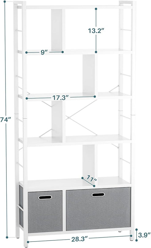 armocity 74 Inch Tall Bookshelf, 6 Tier Bookcase with Drawers, Modern Book Shelf Display Standing Shelf Units with Storage, Wood and Metal Bookshelves for Living Room, Bedroom, Home Office, White - LeafyLoom