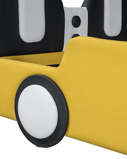 Twin Size Car Bed for Boys,Race Car-Shaped Wooden Platform Bedframe with Wheels & Safety Guardrail,Slats Support,Easy Assembly,Fun Play for Kids Toddlers Child's Bedroom,Yellow PU - LeafyLoom