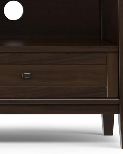 SIMPLIHOME Warm Shaker Solid Wood 72 inch Wide Transitional TV Media Stand in Tobacco Brown for TVs up to 80 inches for The Living Room and Entertainment Center - LeafyLoom